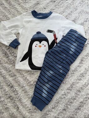2T Pekkle Kids Penguin Hockey Pajama Set - Blue NWOT organic cotton